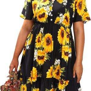 Plus Size Women's Boho Summer Dress Short Sleeve Ruffle Knee Length